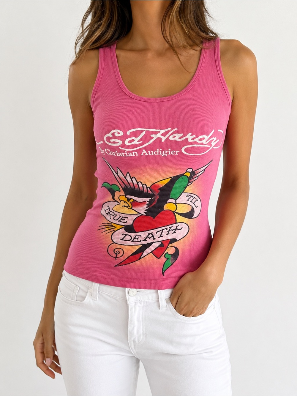Ed Hardy Christian Audigier Y2K Pink True Til Death Tank Top Size O/S